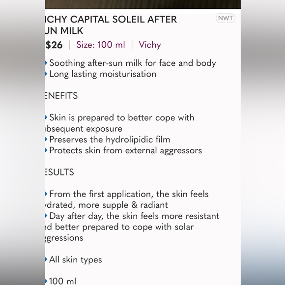 VICHY CAPITAL SOLEIL AFTER SUN DAILY MILK CARE Sensitive Skin.  100ml. - Picture 3 of 3